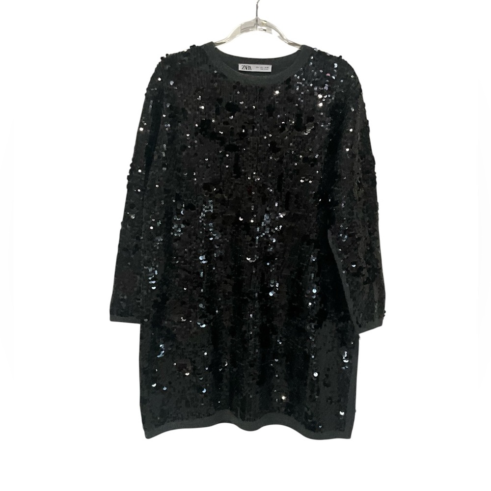 Zara Black Sequin Sweater Dress long sleeve large